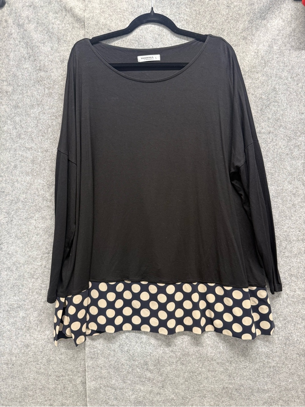 Tekbika by Alembika Black Long Sleeve Blouse with Cream Polka Dot Hem - Womens L